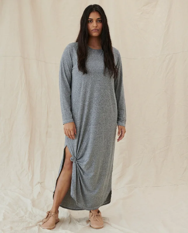 Backless maxi dress-The Long Sleeve Knotted Tee Dress. -- Heather Grey