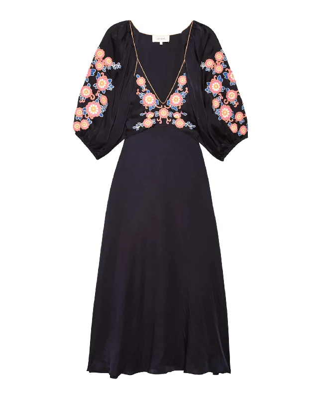 Fringe party dress-The Sagebrush Dress. -- Navy Country Floral Embroidery