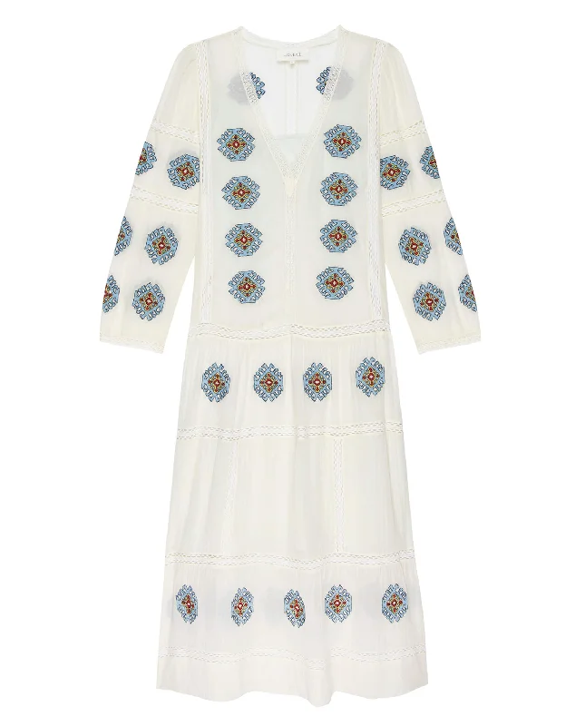 Pleated skater dress-The Taos Dress with Folklore Embroidery. -- Cream