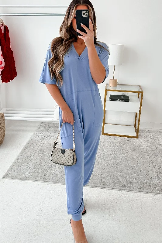 Long sleeve party dress-Tired Eyes Short Sleeve Slouchy Jumpsuit (Light Denim)