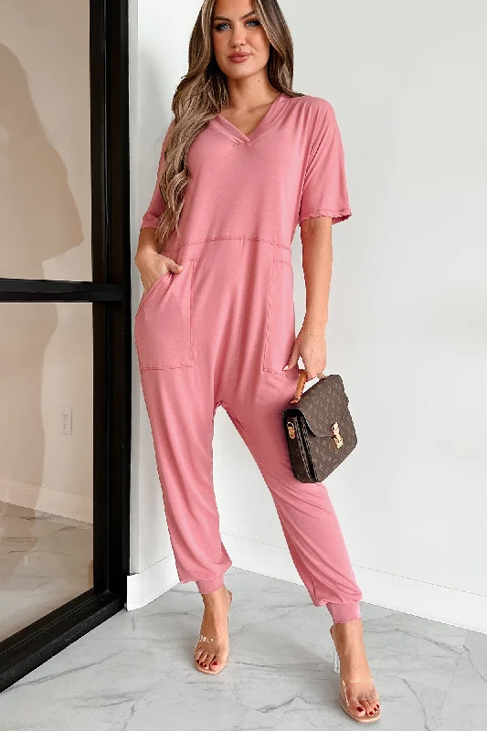 Corset party dress-Tired Eyes Short Sleeve Slouchy Jumpsuit (Rose)