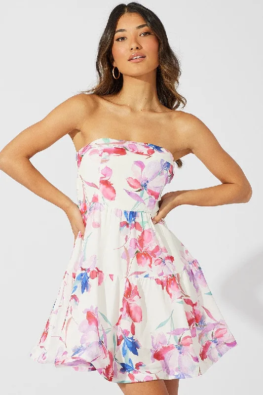 Silver evening dress-White Floral Fit and Flare Dress Boob Tube