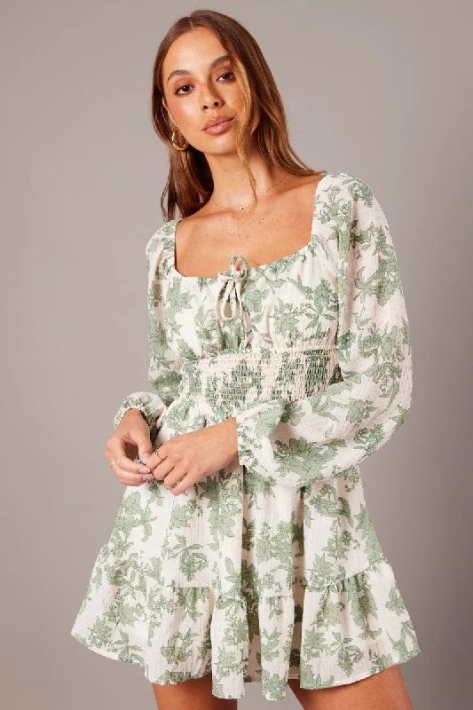 Off-shoulder tulle dress-White Floral Fit and Flare Dress Long Sleeve Ruched Bust