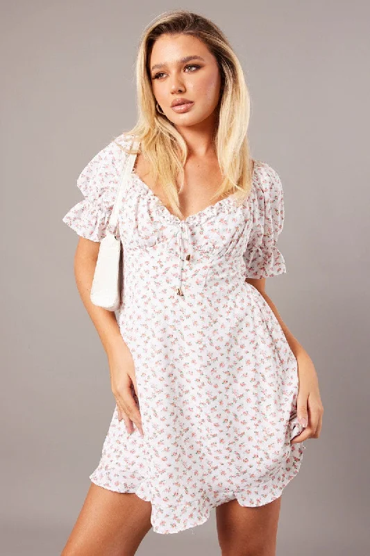 A-line velvet dress-White Floral Fit And Flare Dress Puff Sleeve