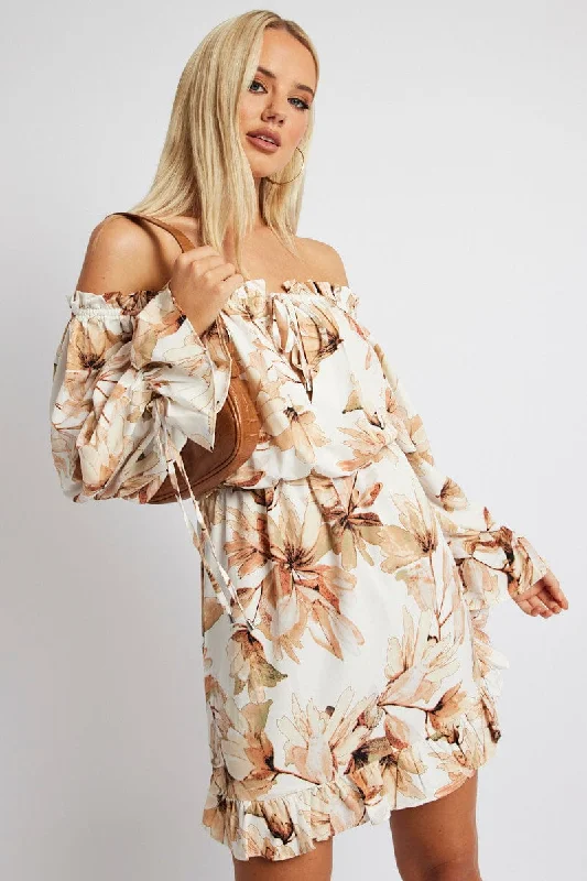 Asymmetrical evening dress-White Floral Off Shoulder Dress Balloon Sleeve Skater Dress