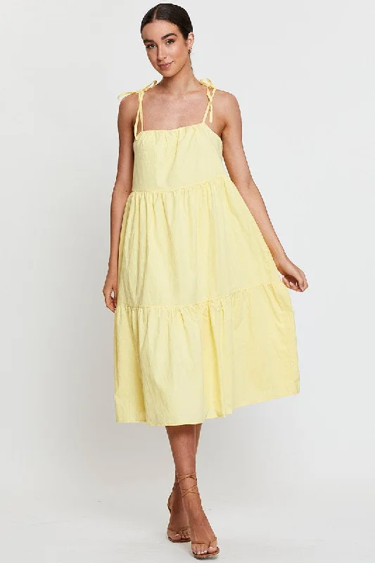 Halter neck party dress-Yellow A Line Dress Midi