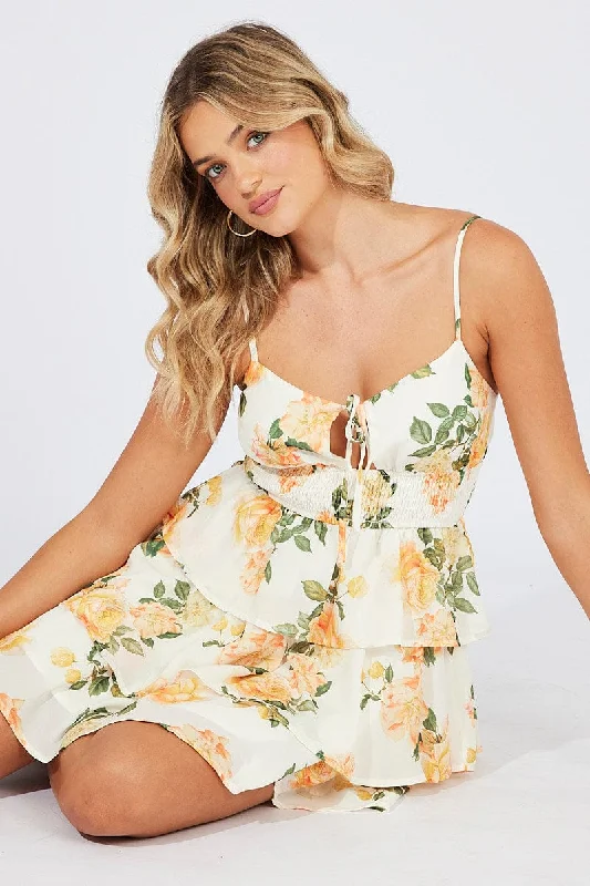 Striped party dress-Yellow Floral Fit and Flare Dress Sleeveless Ruffle