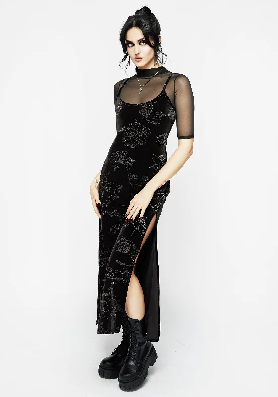 Pleated skater dress-Zodiac Foil Print Velour Slip Gown